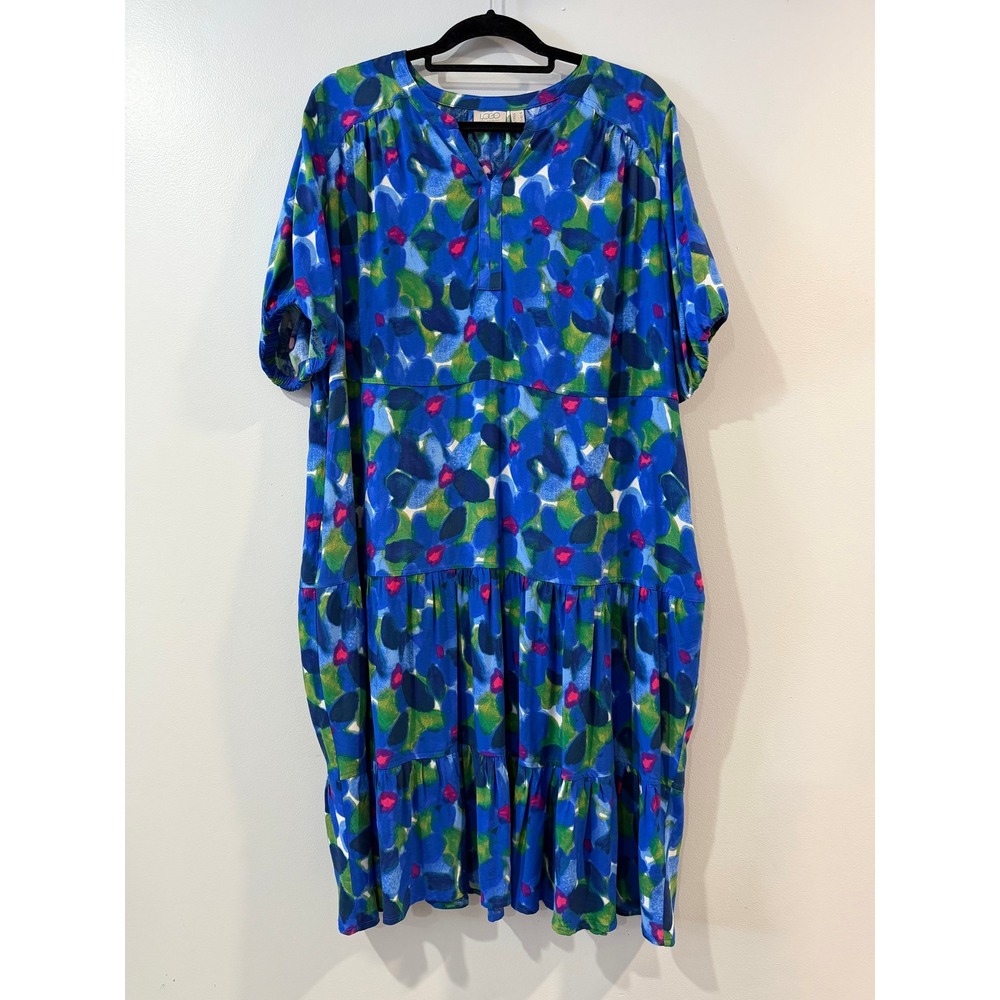 LOGO Lori Goldstein Blue Floral Tiered Rayon Dress Split V-Neck Short Sleeve M